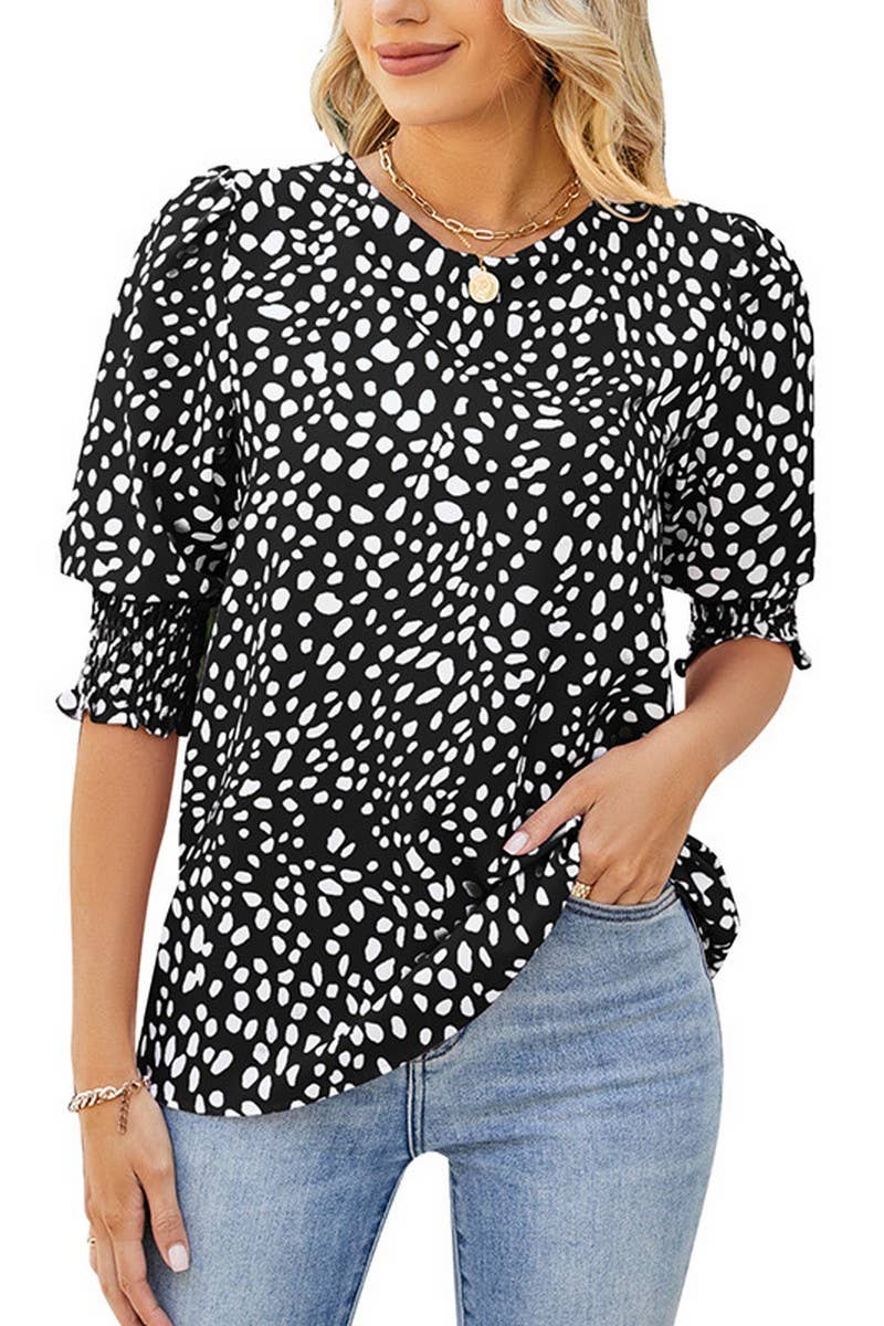 CWTBLS1600_ROUND NECK PRINTED SHORT-SLEEVED CHIFFON SHIRT