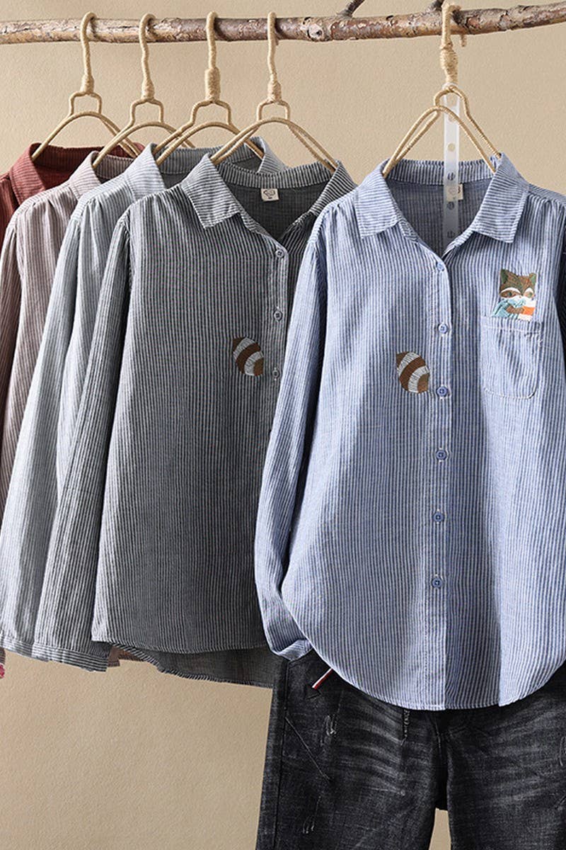 CWTSTL2249_FOX EMBROIDERED STRIPED COTTON SHIRT TOP