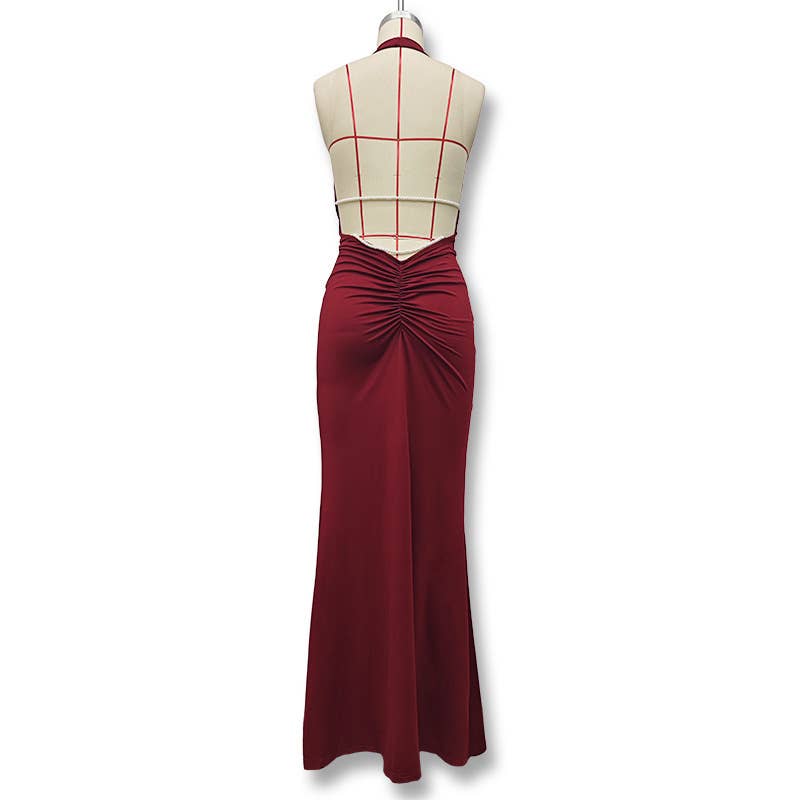A cinched-neck backless and collared dress