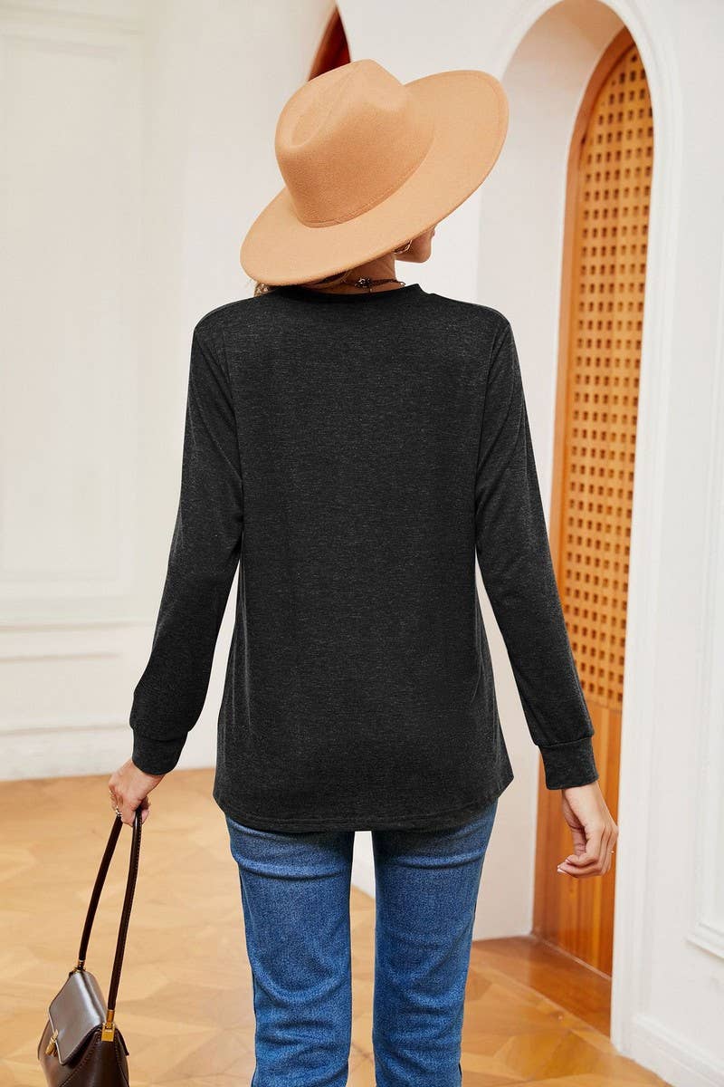 CWTBLL2371_V-NECK BUTTON LONG SLEEVE LOOSE PULLOVER TOP