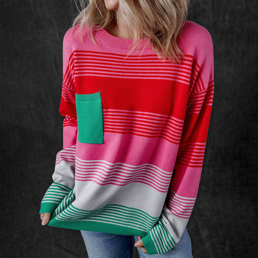 COLOR CONTRAST PATCHWORK CREW NECK SWEATER LADY