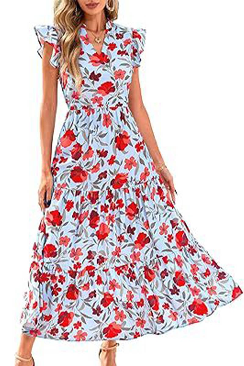 CWDMD6342_V-NECK PLEATED FLYING SLEEVES PRINTED MIDI DRESS