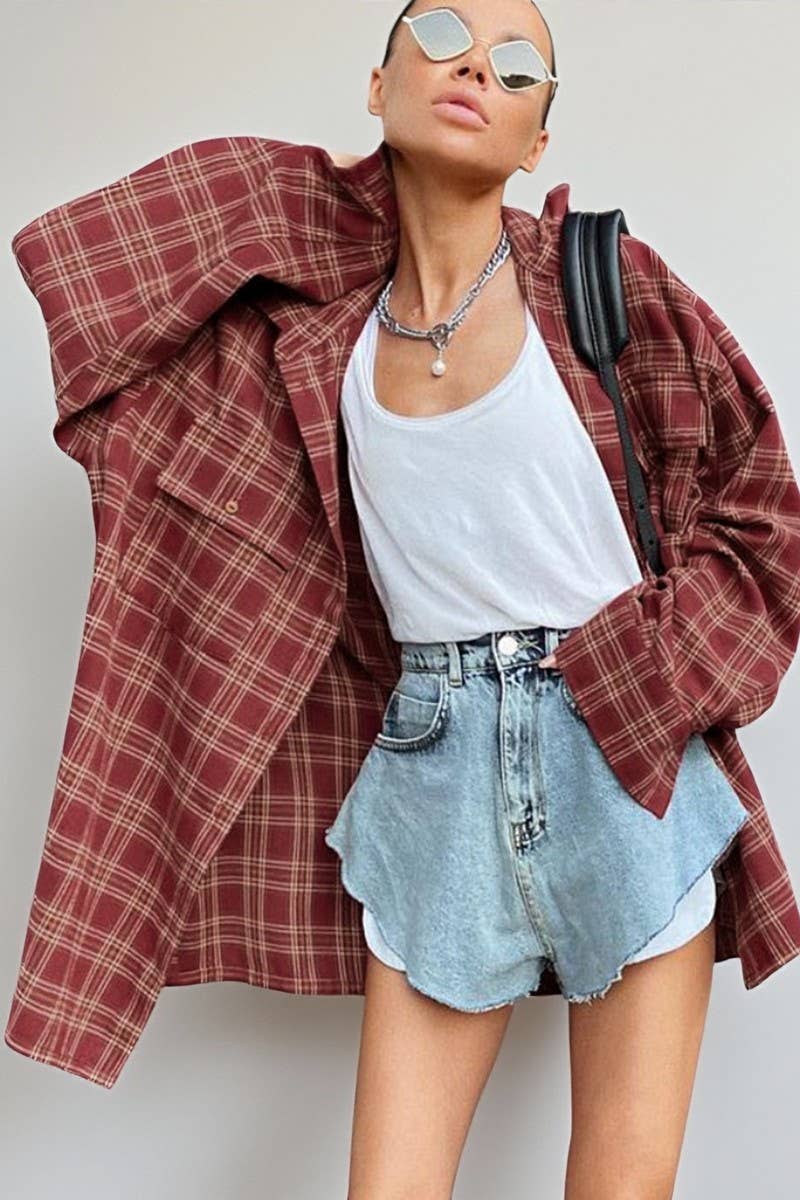 CWTBLL00607_LOOSE CASUAL RED PLAID LONG-SLEEVED SHIRT