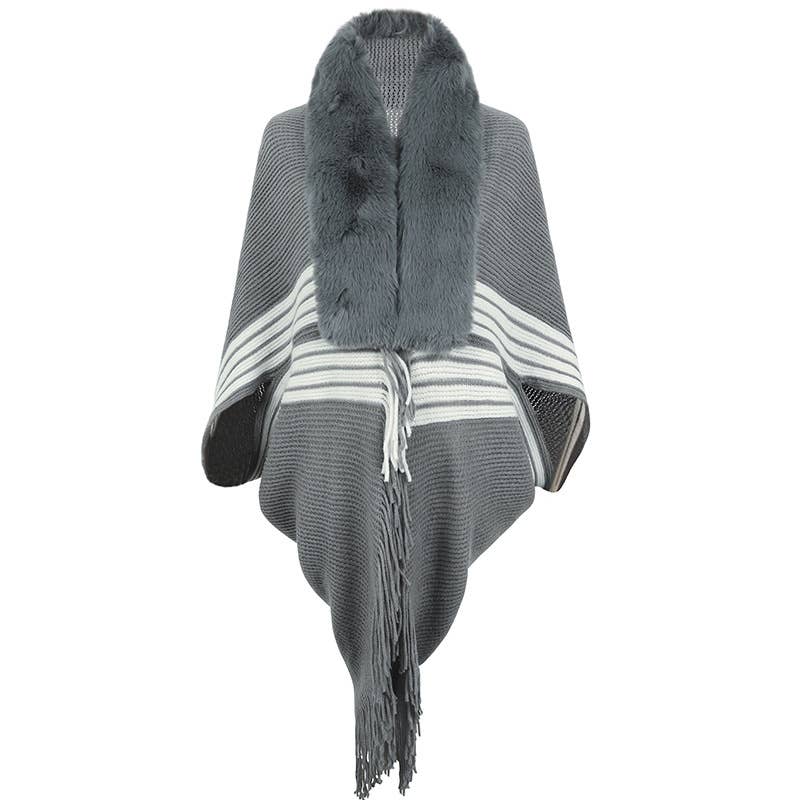 FRINGE CAPE SHAWL KNIT STRIPED FUR COLLAR SCARF
