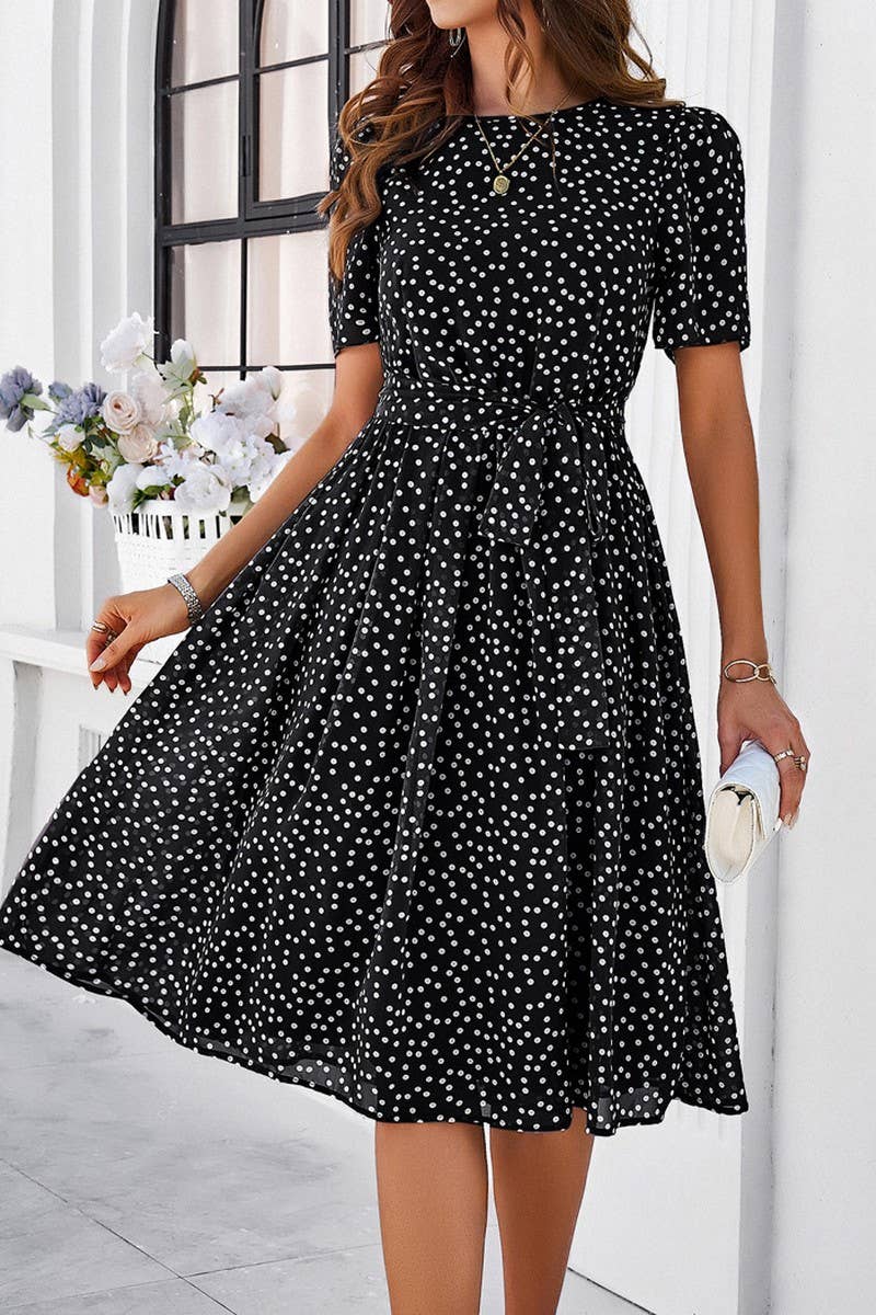 CWDSD7139_TEMPERAMENT CASUAL POLKA DOT LACE-UP PRINT DRESS