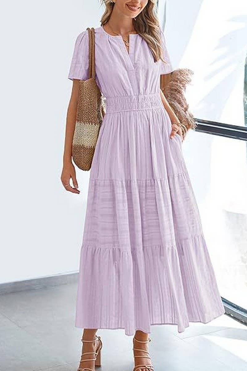 CWDMD6338_V-NECK PLEATED PUFF SLEEVES LONG-SLEEVED DRESS