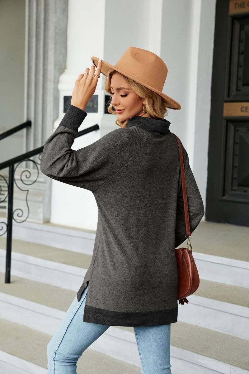 CWOSWL6537_HIGH-NECK CONTRASTING COLOR LONGSLEEVED SPLIT TOP