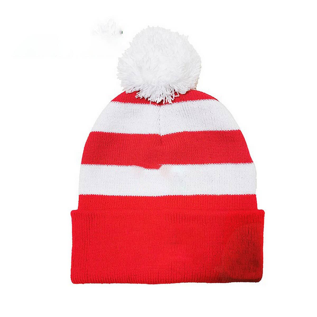 CWAH04338_CHRISTMAS STRIPED KNIT POM POM BEANIE HAT