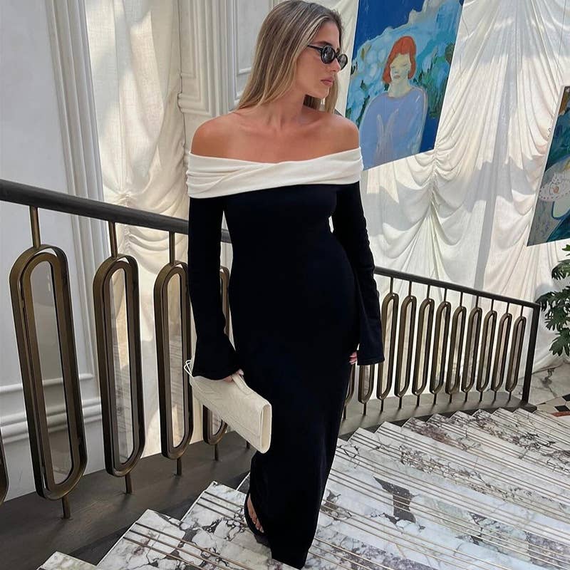 Color-blocking one-shoulder high-waisted dress