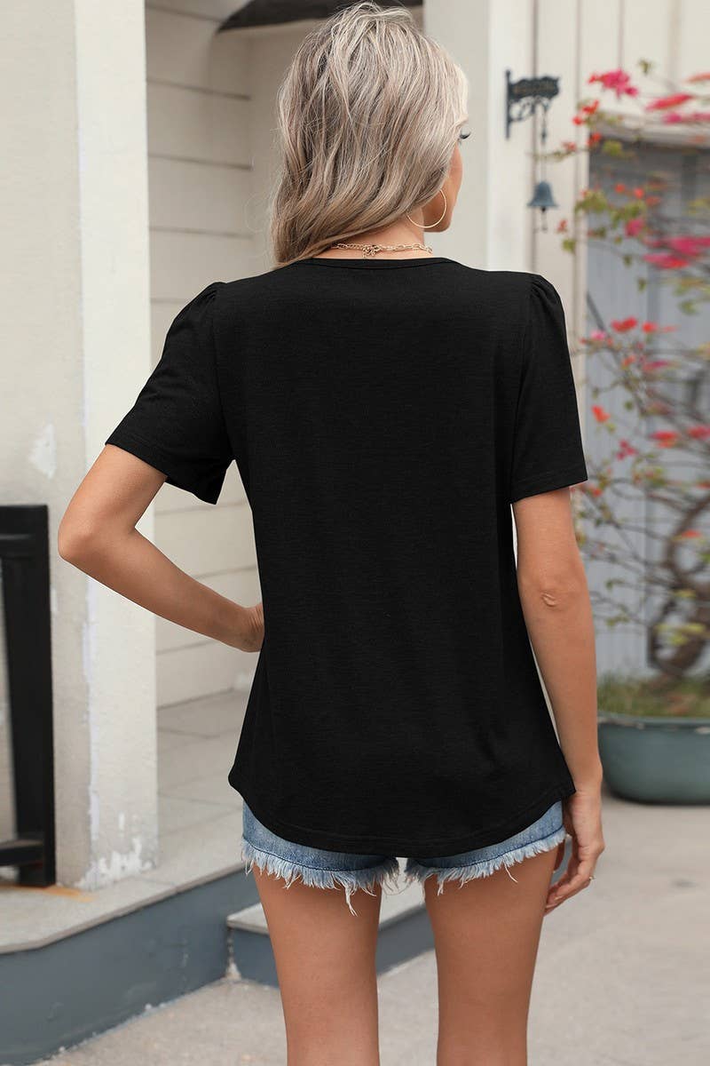 CWTBLS1724_LOOSE CREW NECK PLEATED PRINT SHORT SLEEVE TOP