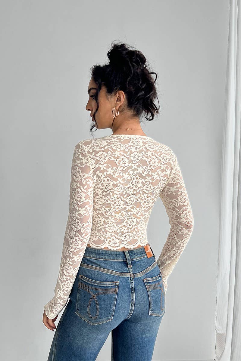 CWTBLL3928_SOLID LACE V-NECK LONG SLEEVE SEXY TOP