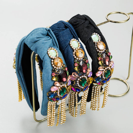 VINTAGE COLORED RHINESTONE TASSEL HEADBAND