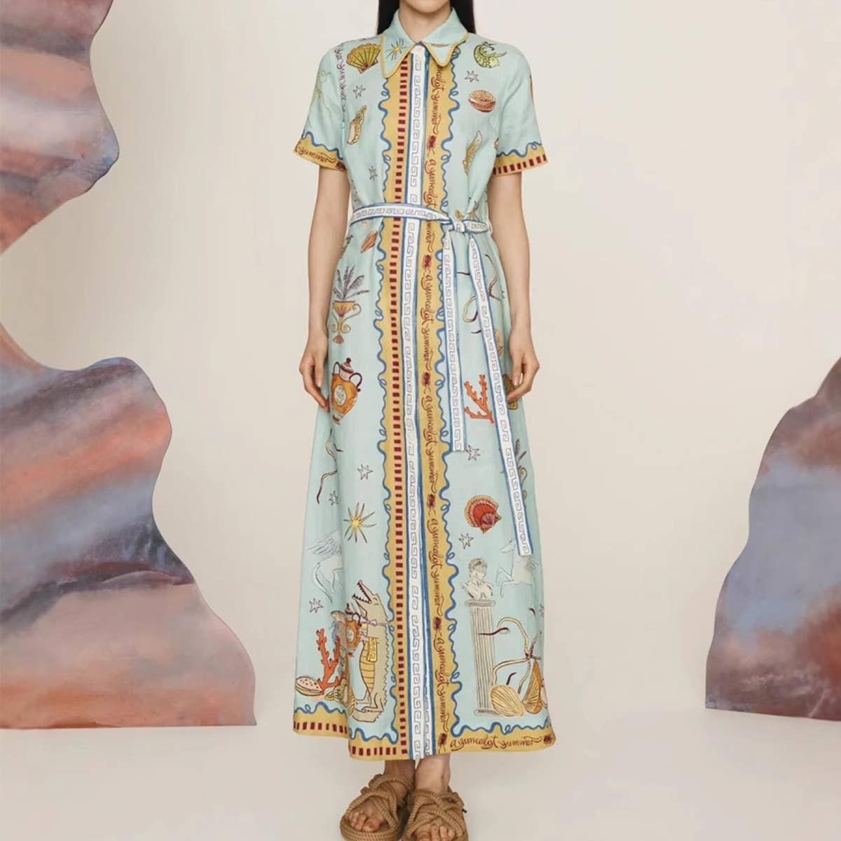 Casual linen dress with graffiti lantern sleeves