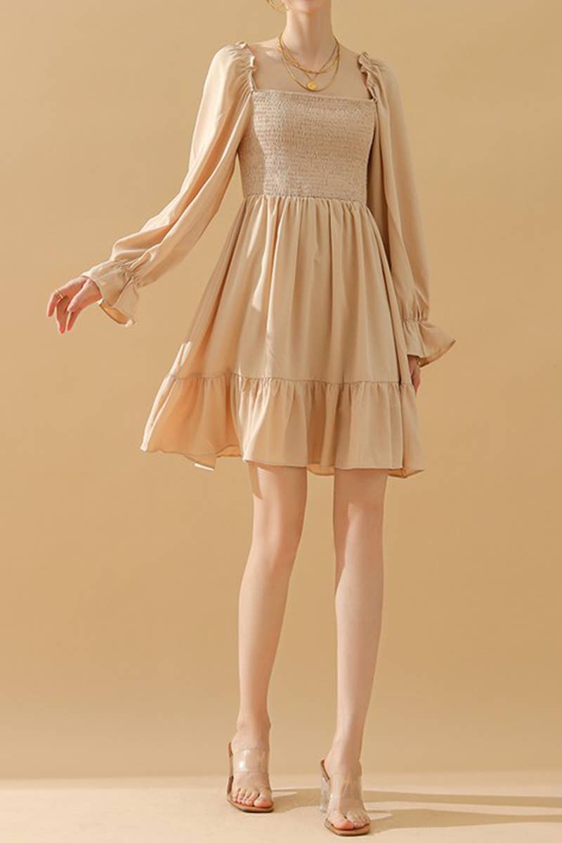 CWDSD10342_RUFFLE HIGH WAIST LONG SLEEVE CASUAL DRESS