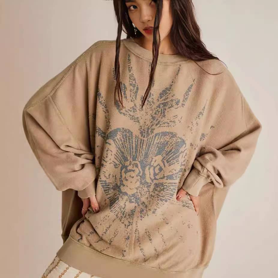 American retro printed loose round-neck hoodie