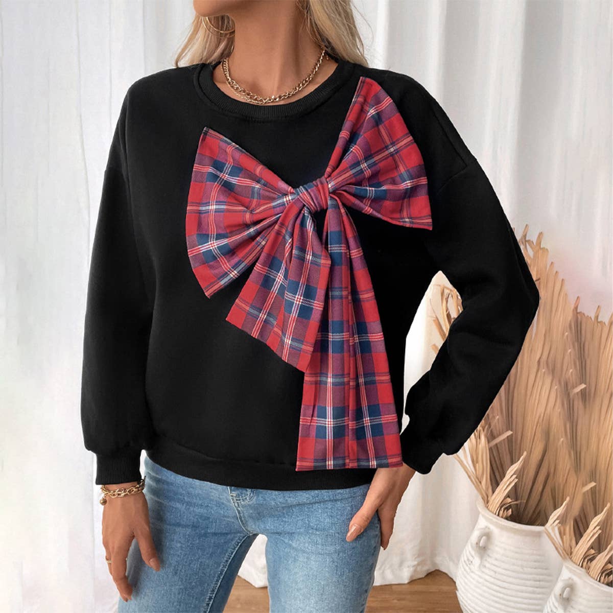 Bow round neck and fleece plaid patchwork hoodie