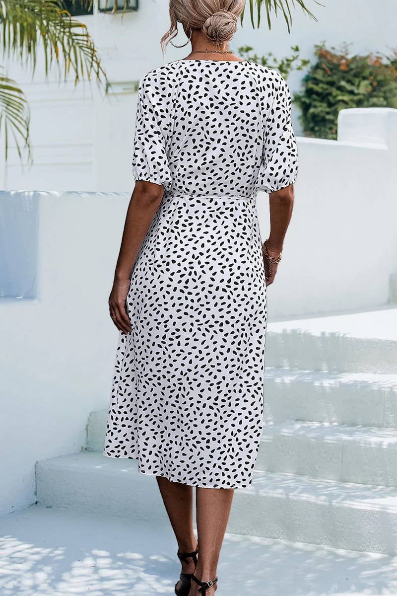 CROSS V NECK STONE FLOWER SPLIT DRESS_CWDSD2657