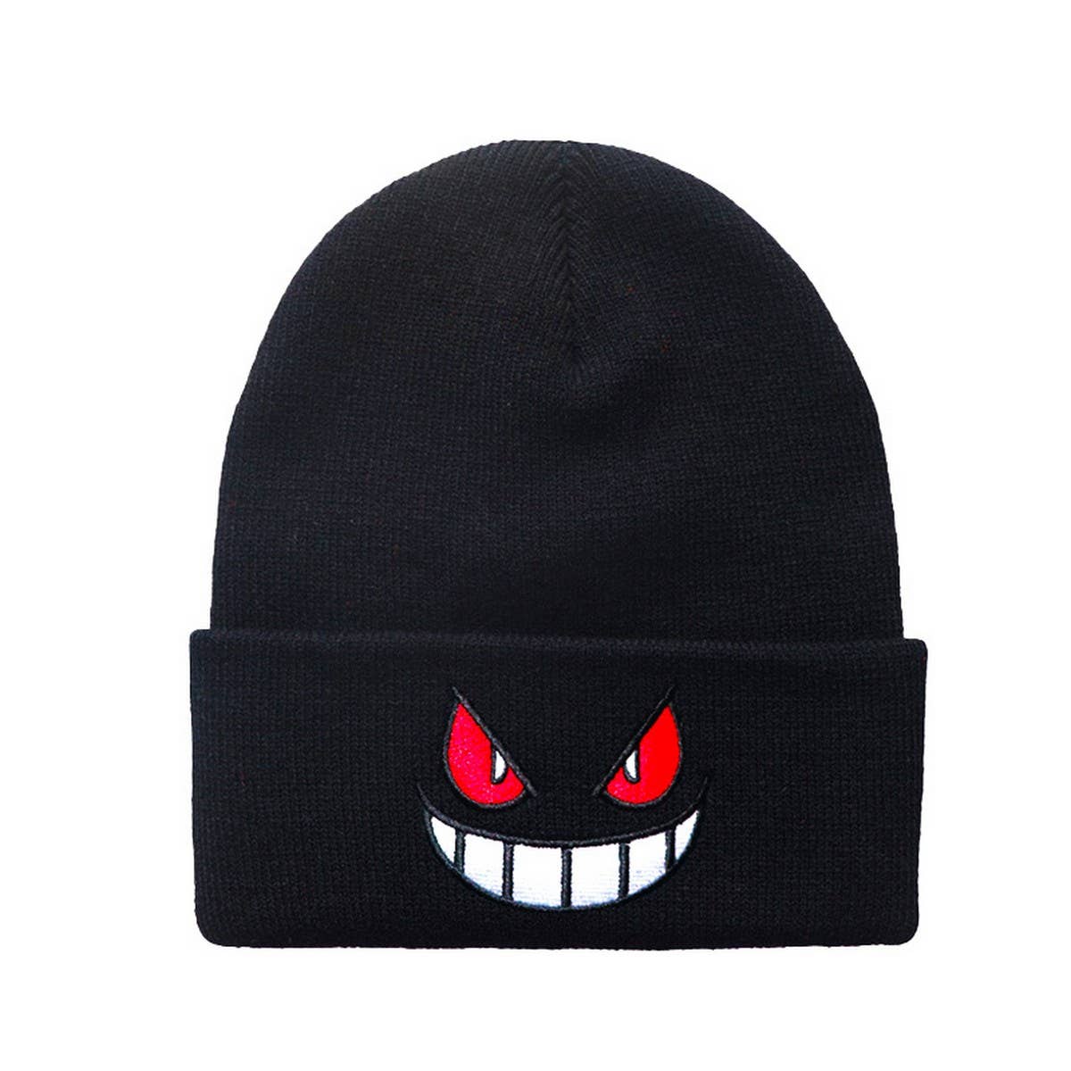 CWAH04354_EMBROIDERED CARTOON FACE KNIT BEANIE HAT