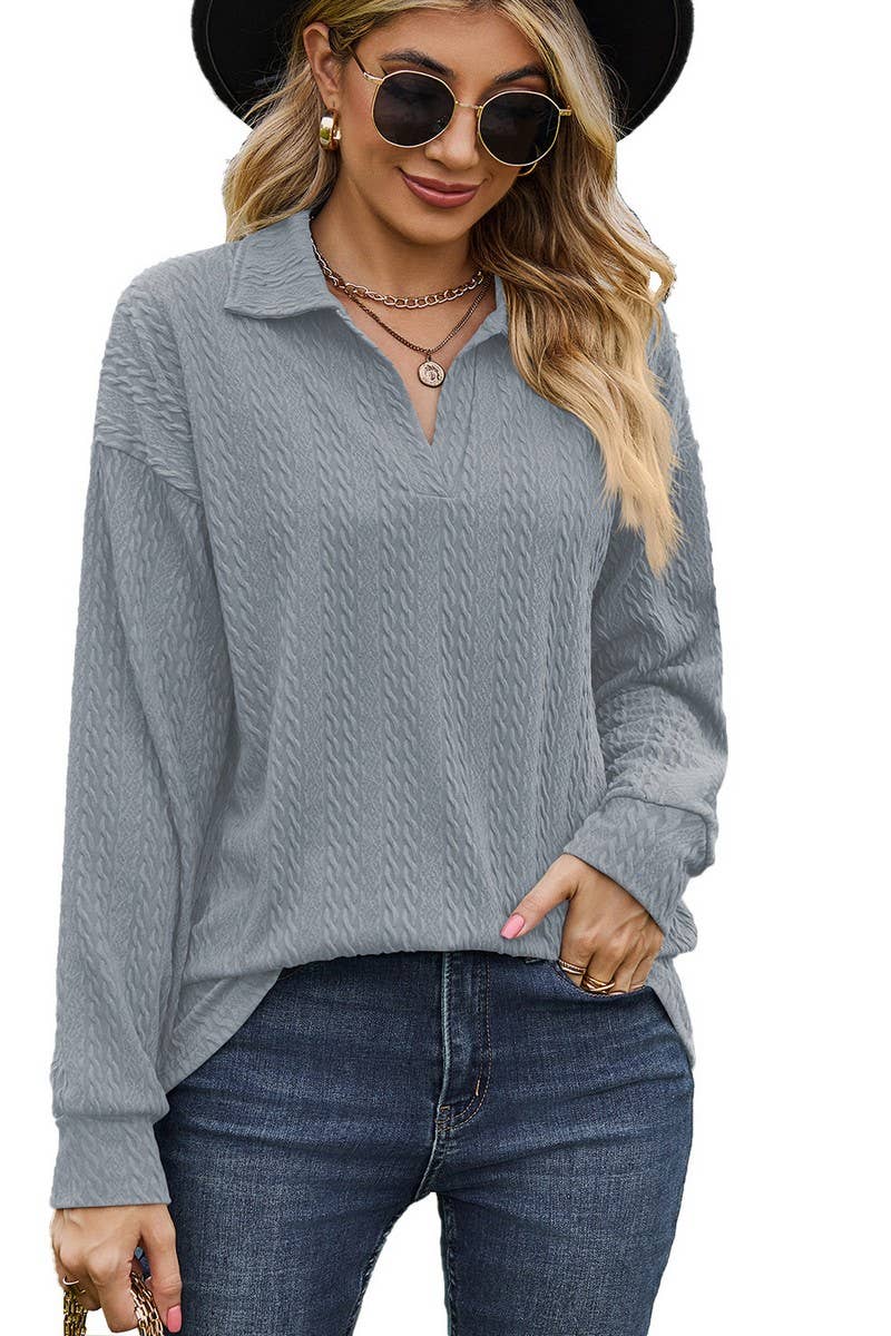 CWTBLL2376_SOLID COLOR LAPEL BUTTON LOOSE CASUAL TOP