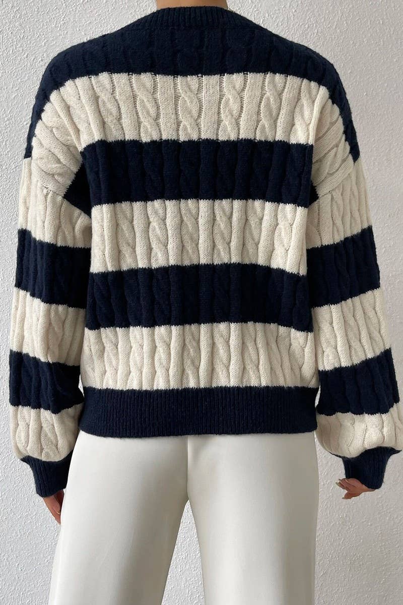CWOSWL5736_V-NECK CABLE-KNIT CONTRAST STRIPED SWEATER