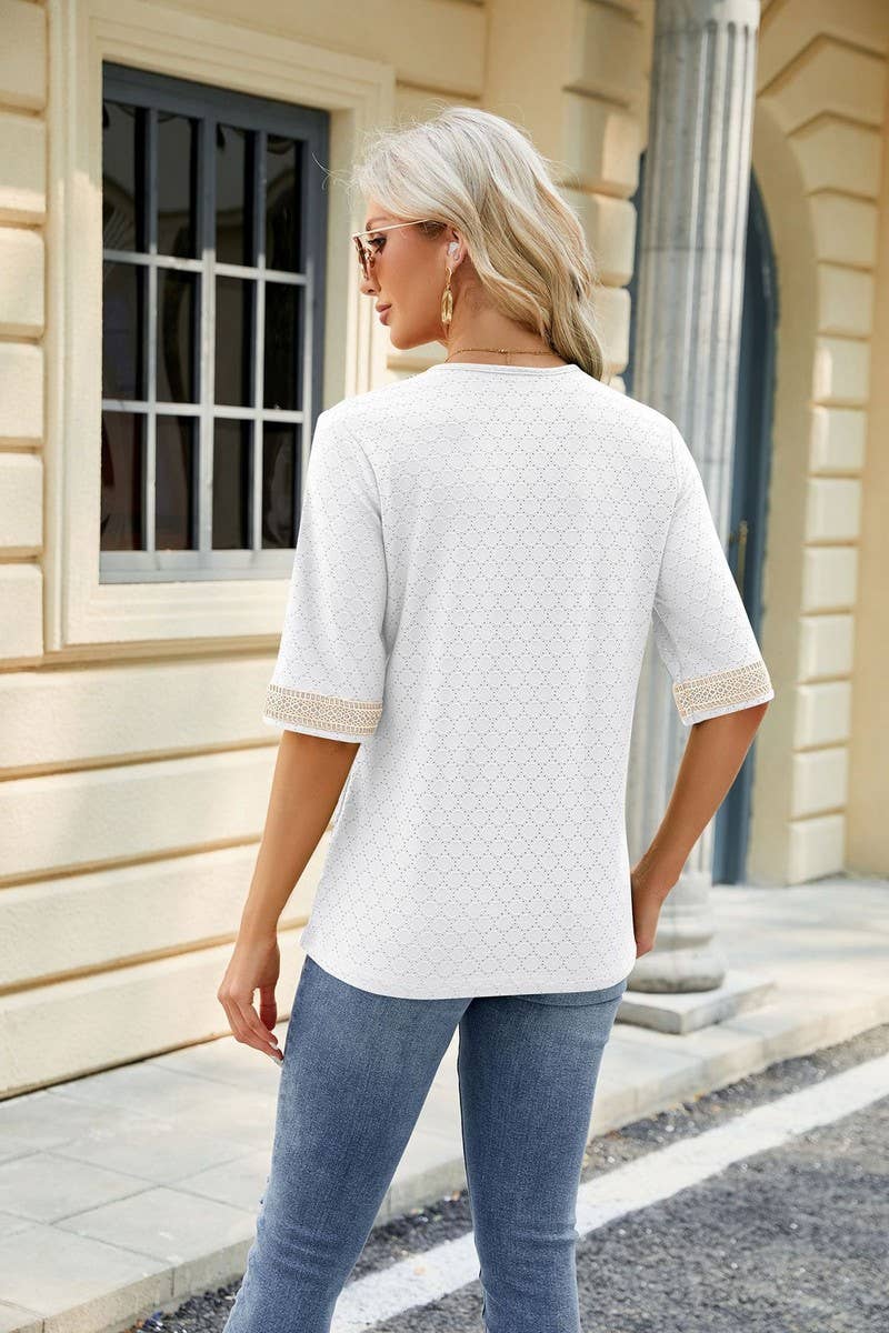 CWTTS0819_V-Neck Lace Trim Short Sleeve Knit Top
