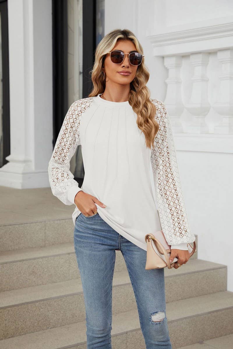 CWTBLL2349_AUTUMN AND WINTER ROUND NECK LACE CASUAL T-SHIRT