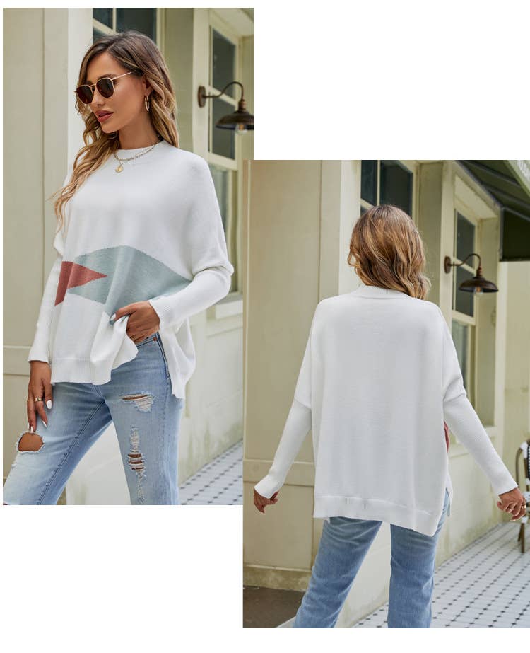 Color contrast baggy bat cuff pullover sweater