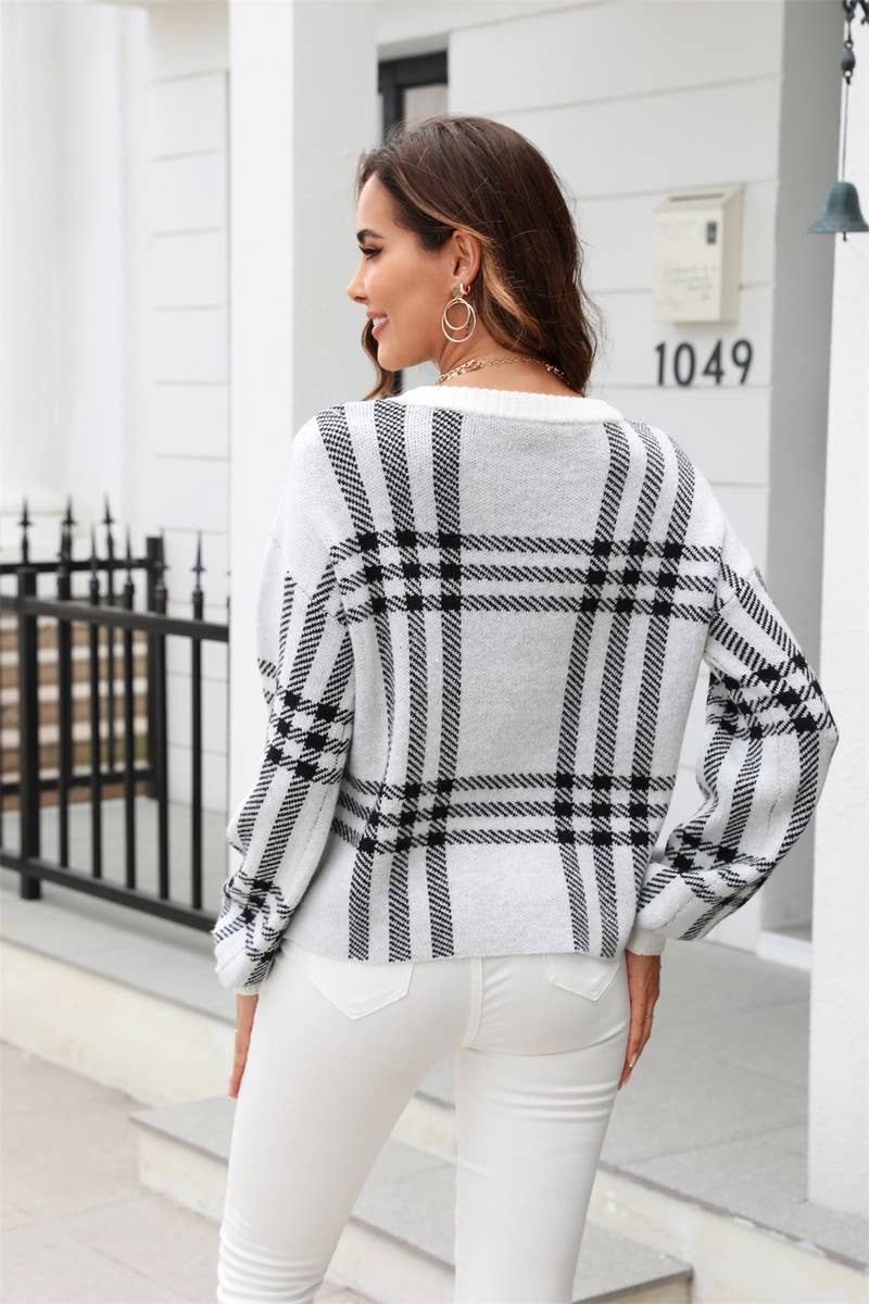 CWOSWL1693_Crew Plaid Neck Long Sleeve Pullover Sweater