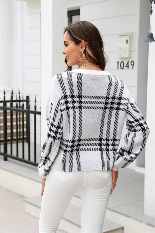 CWOSWL1693_Crew Plaid Neck Long Sleeve Pullover Sweater