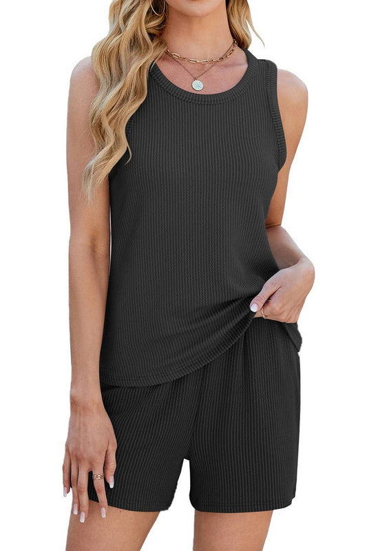 CWSTB2077_CREW NECK SLEEVELESS RIBBED POCKET SHORTS SET