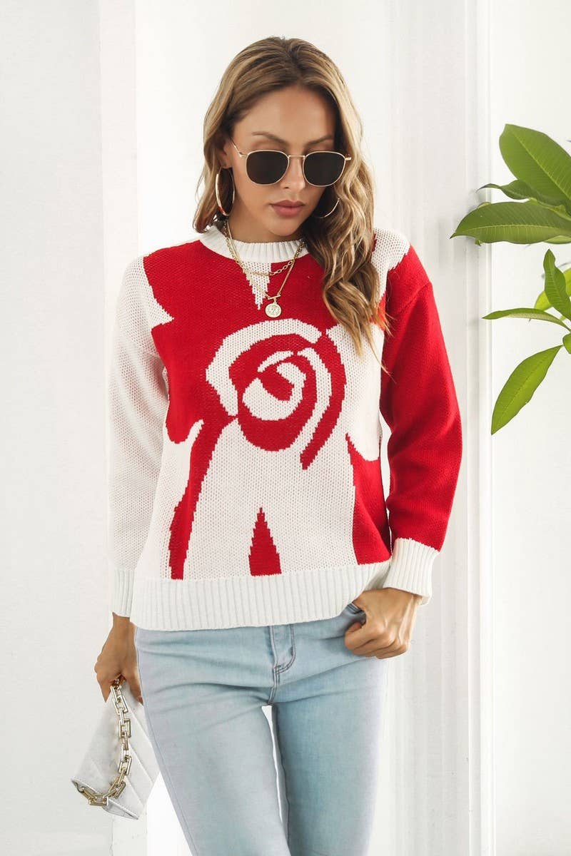 CWOSWL6863_CASUAL LOOSE FLORAL JACQUARD LONG SLEEVE SWEATER