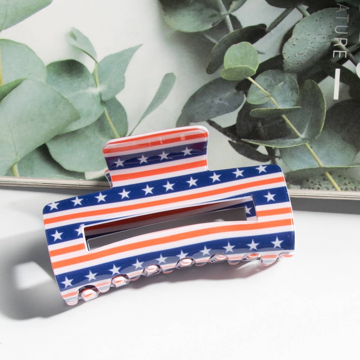 CWAHA1245_4TH OF JULY FLAG 8CM RECTANGULAR HAIR CLAW CLIP