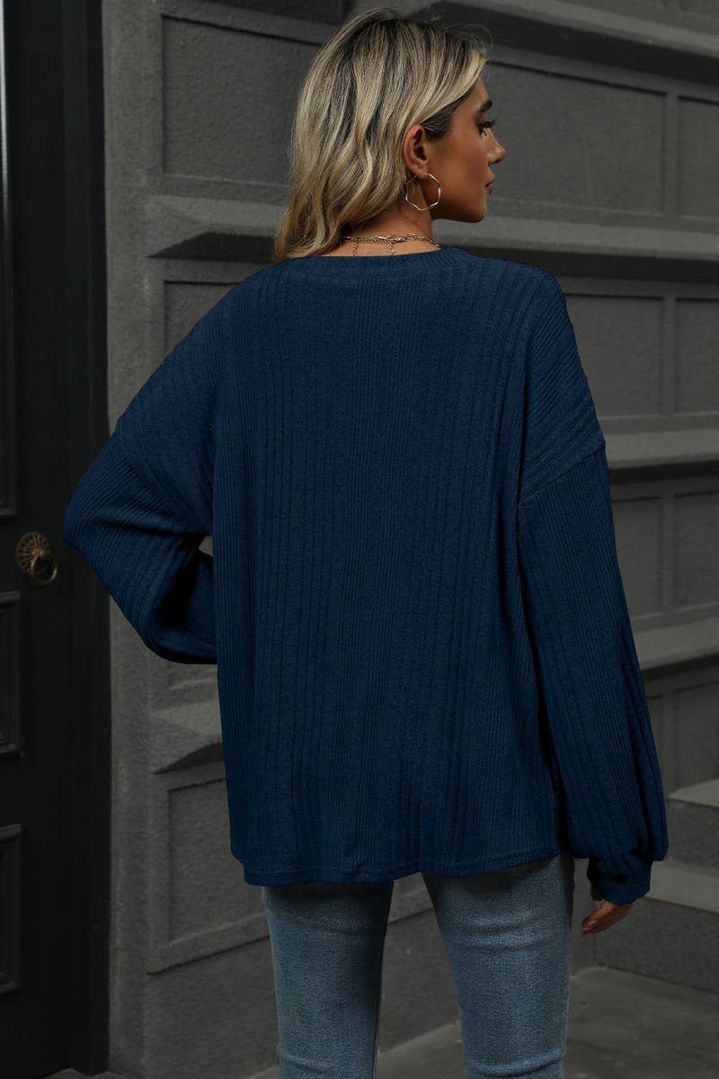 CWTBLL1868_SOLID COLOR V-NECK LOOSE RIBBED LONG-SLEEVED TOP