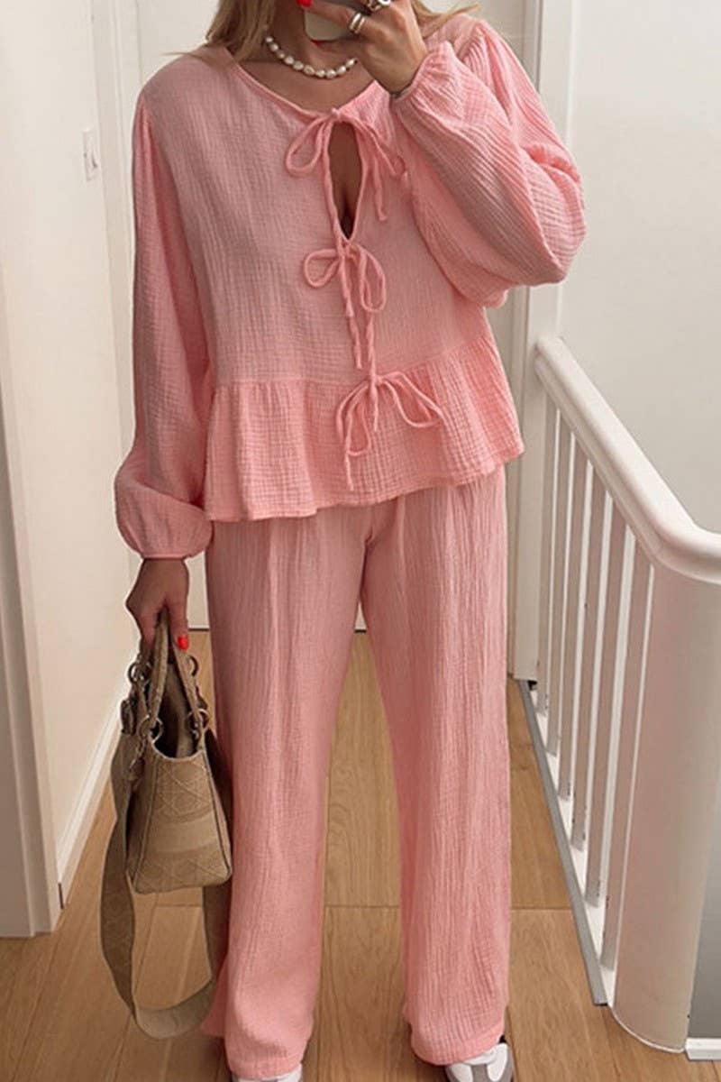 CWSTB00387_CASUAL LANTERN SLEEVE TIE TOP AND PANTS SET