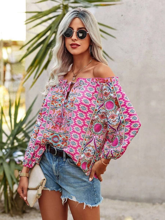 FLORAL PRINT OFF-THE-SHOULDER RUFFLED KNOT SHIRT
