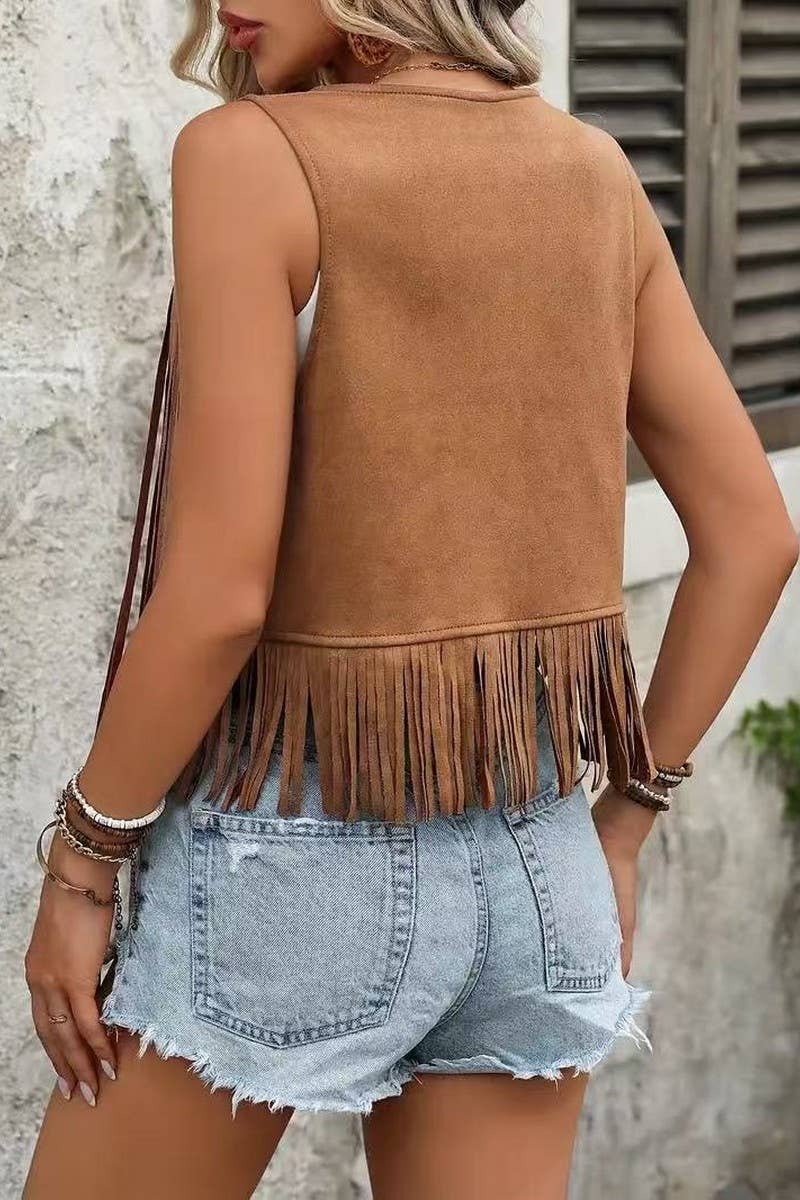 CWOCASL0053_SUMMER CASUAL RETRO CARDIGAN TASSEL VEST