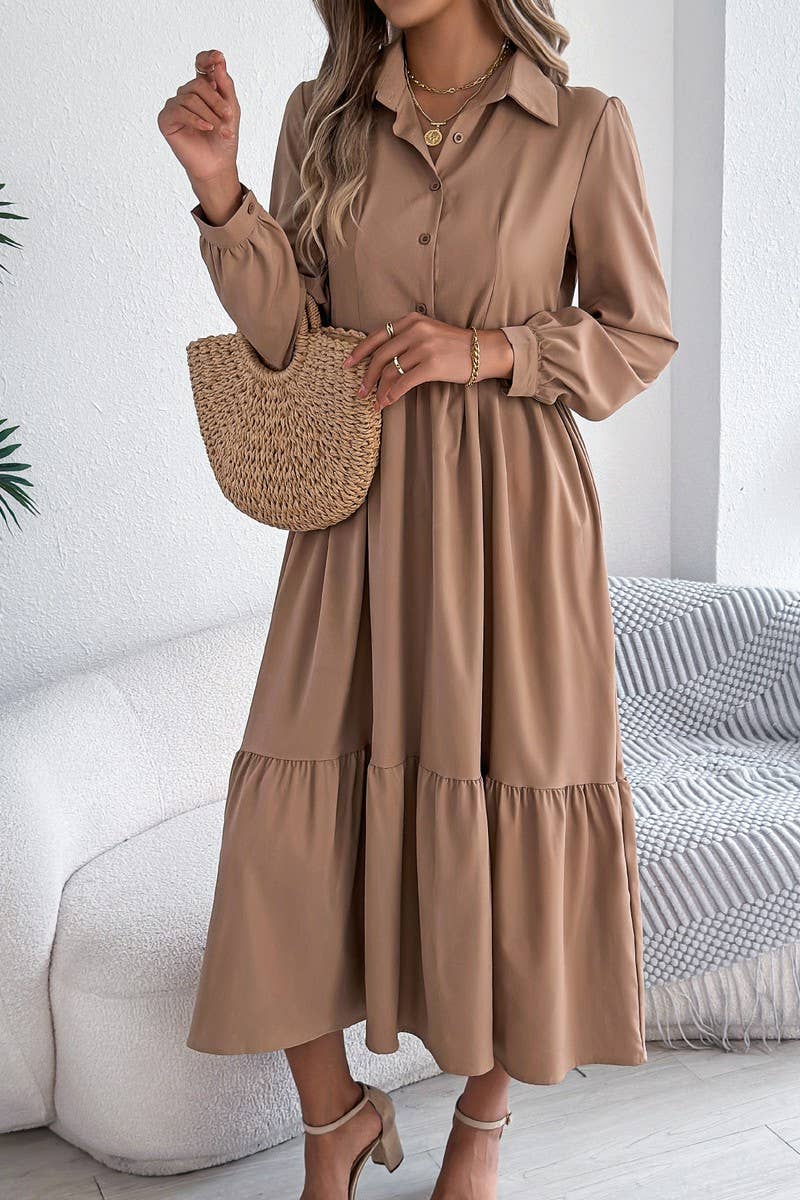 CWDMD6027_LOOSE FIT RUFFLE TRIM LONG SLEEVE SHIRT DRESS