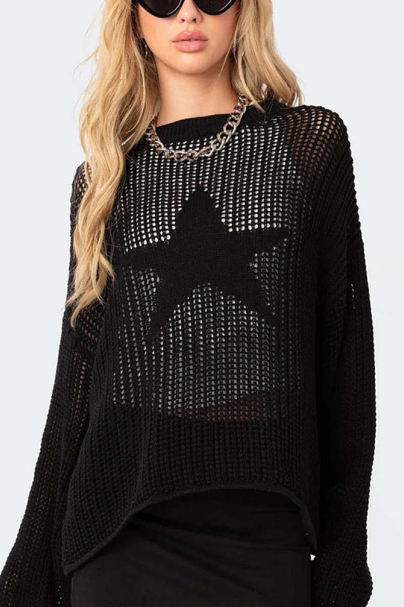 CWOSWL6269_SOLID COLOR LONG SLEEVE HOLLOW KNIT TOP