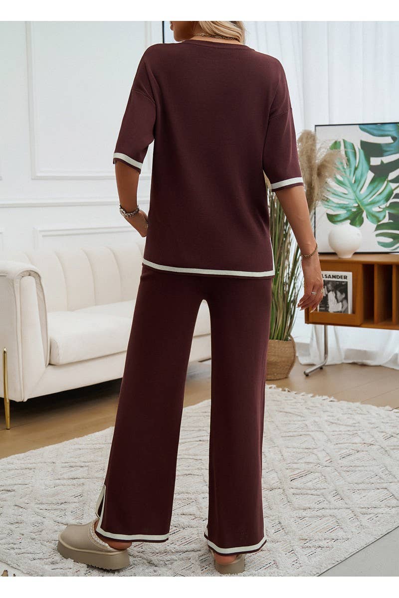 CWSTB0963_Color Matching Short Sleeved Top Pants Knit Set