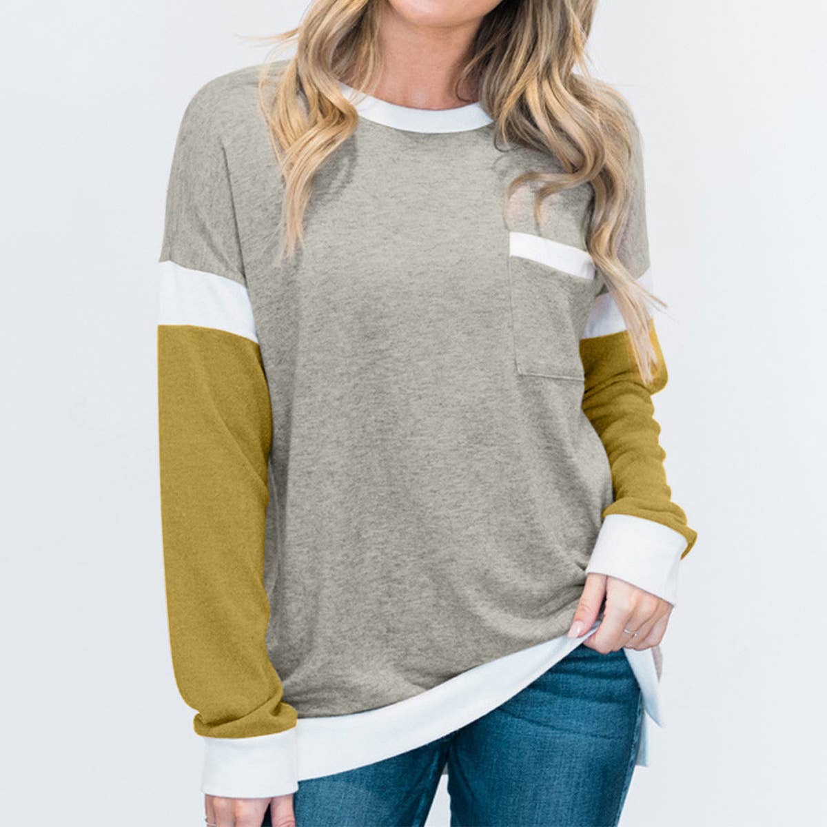 COLOR CONTRAST PATCHWORK LONG SLEEVE T-SHIRT