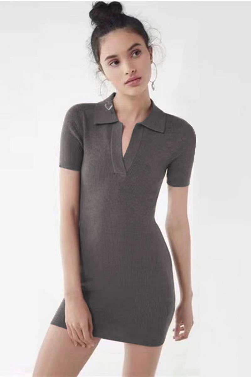 CWDSD7459_RIBBED DEEP V LAPEL SHORT SLEEVE BODYCON DRESS
