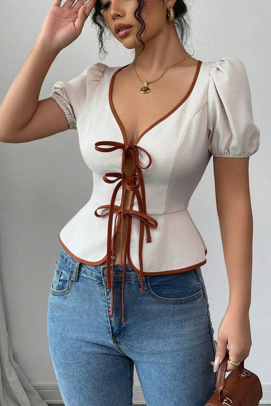 CWTBLS2020_V-NECK TIE FRONT FITTED SHORT SLEEVE SHIRT