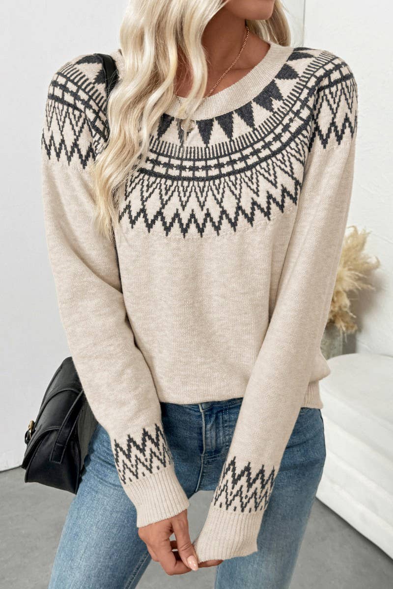 CWOSWL07130_ETHNIC STYLE ROUND NECK PULLOVER KNITTED SWEATER