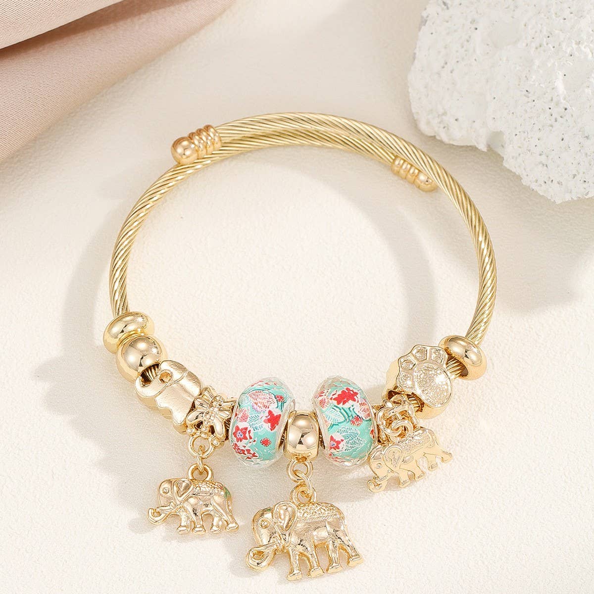 Gold Steel Bracelet with Bear & Heart Charms
