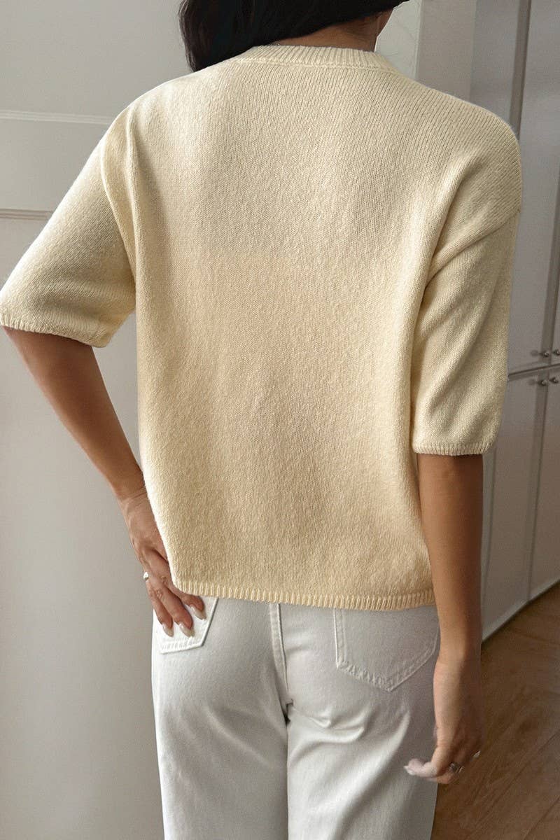 CWOSWS00158_SOLID COLOR SHORT-SLEEVED PULLOVER KNITTED TOP