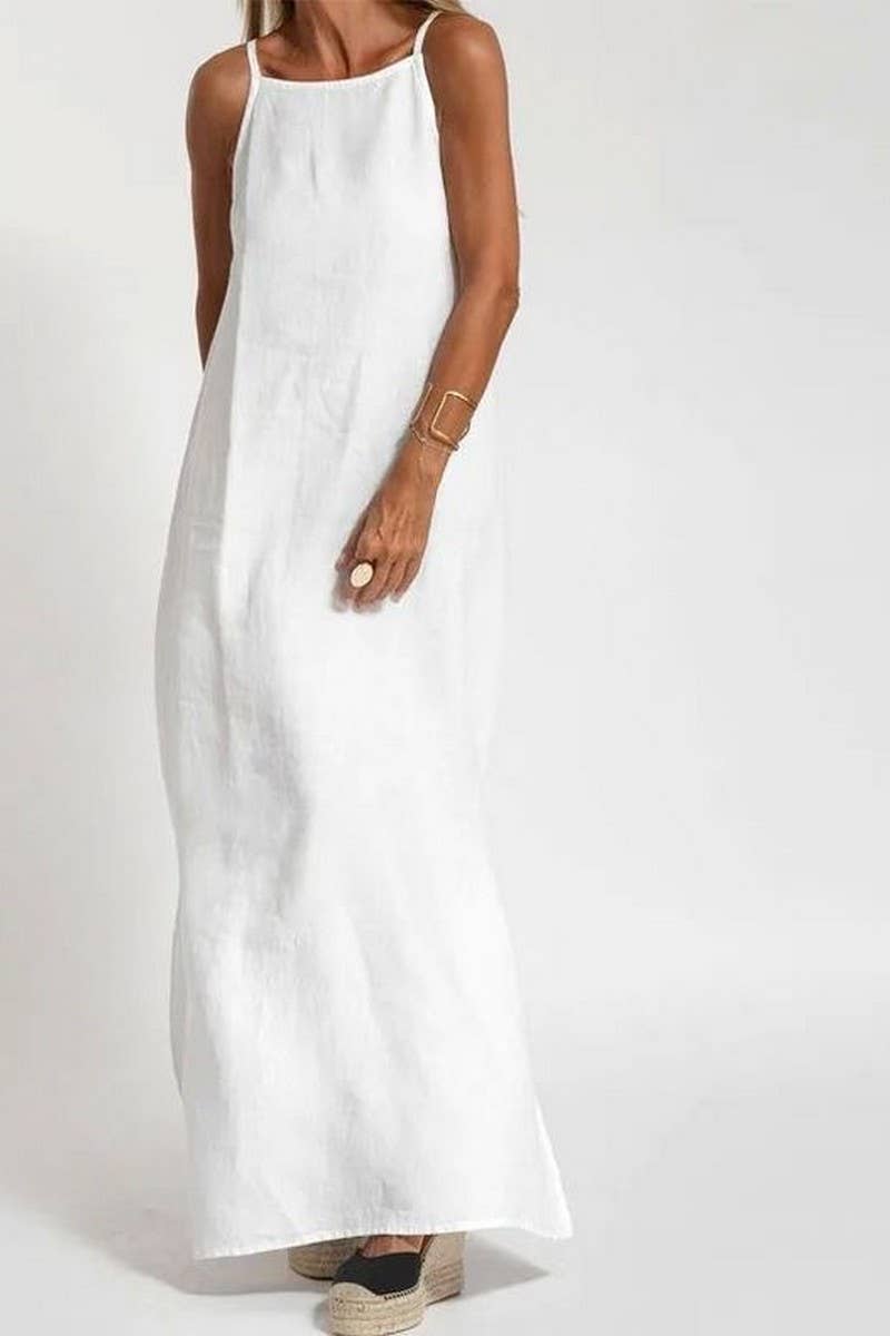 CWDMD01027_CASUAL COTTON AND LINEN SLIT SUSPENDER DRESS