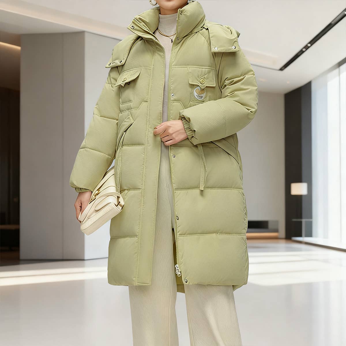 Fashionable knee-length thickened hooded jacket