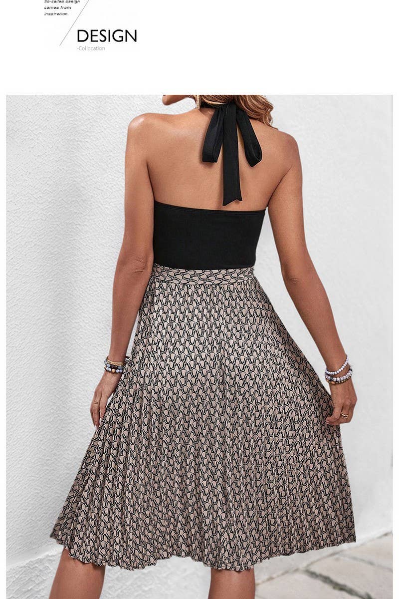 CWDHL0743_CASUAL HALTER COLORBLOCK CROSS NECK DRESS