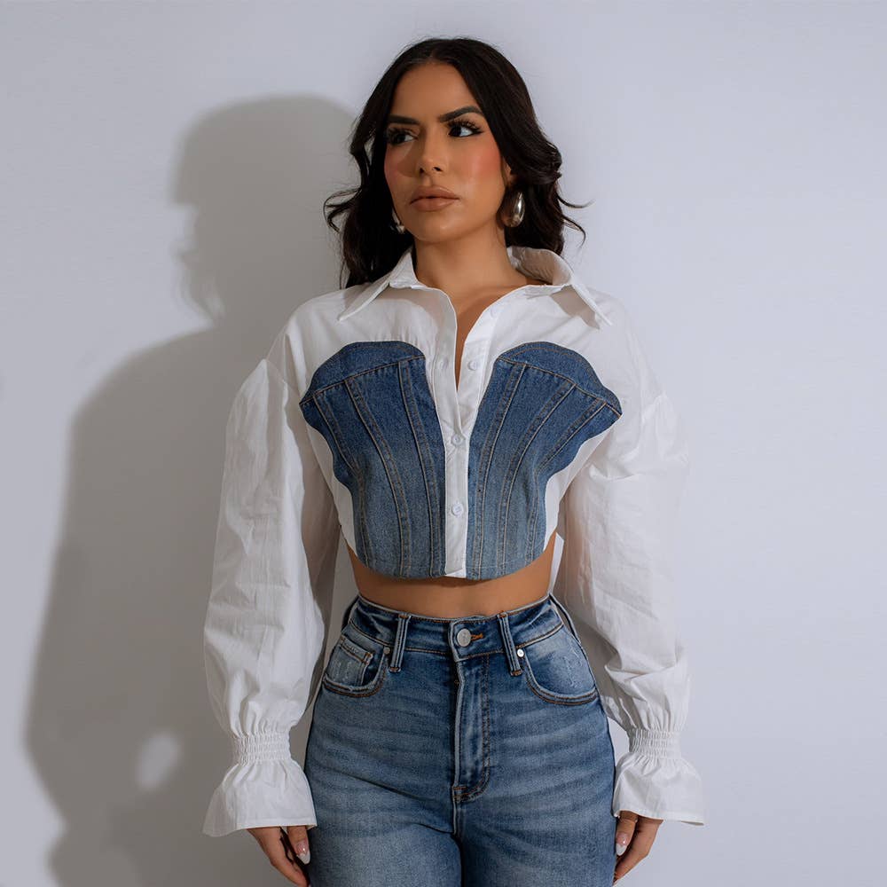 DENIM PATCHWORK SHIRT WITH CROP HORN SLEEVES