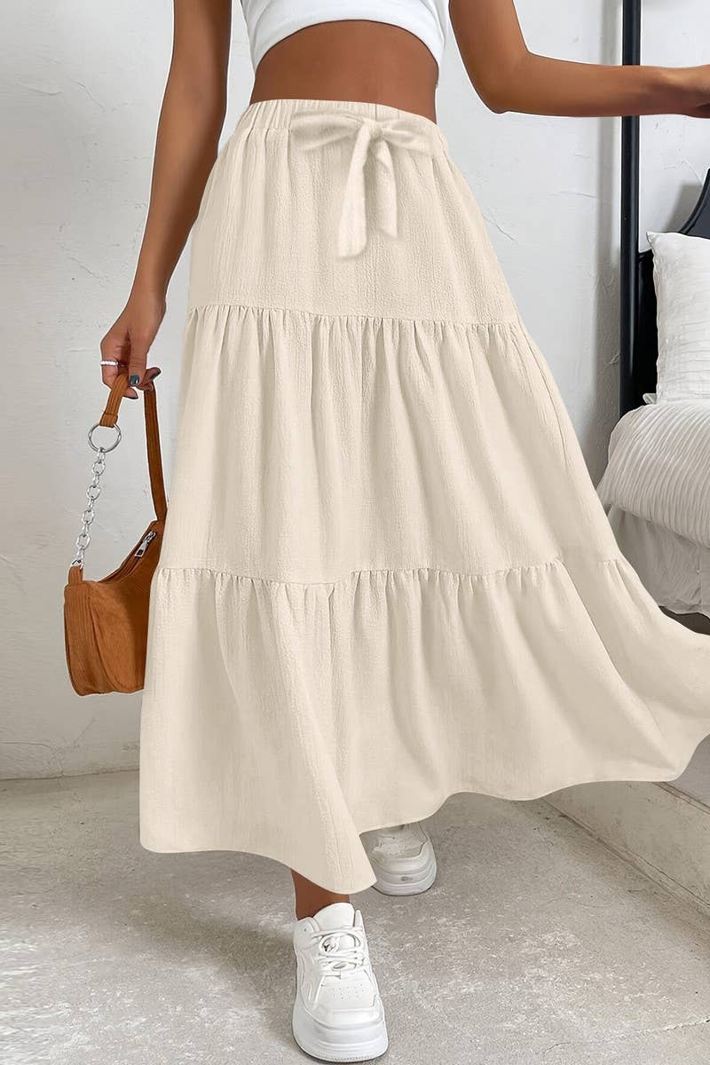 CWBLS0559_BOW WAIST TIERED SOLID MIDI SKIRT